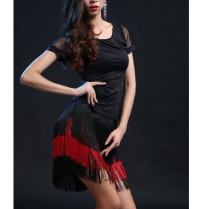 Black red fringes tassels  short sleeves  round neck women's ladies female competition performance latin dance dresses sets